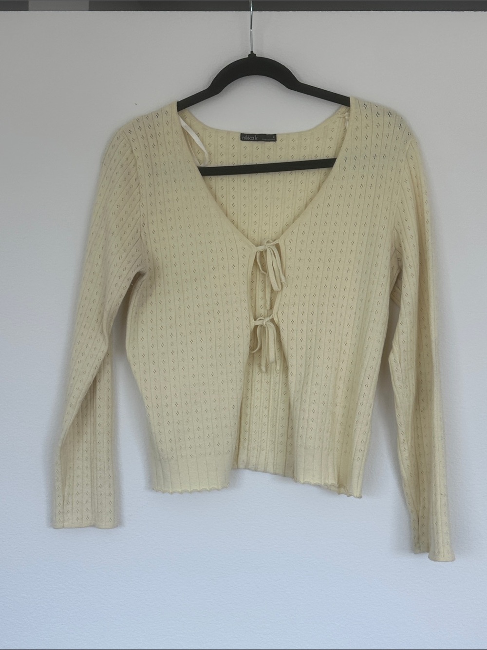 Tie-Front Knit Cardigan Sweater in Cream